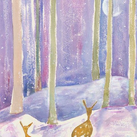 Deer and Moon in Winter Woods