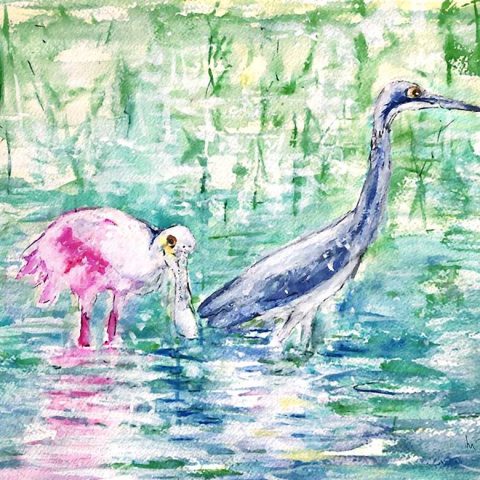 Spoonbill and Heron Sharing